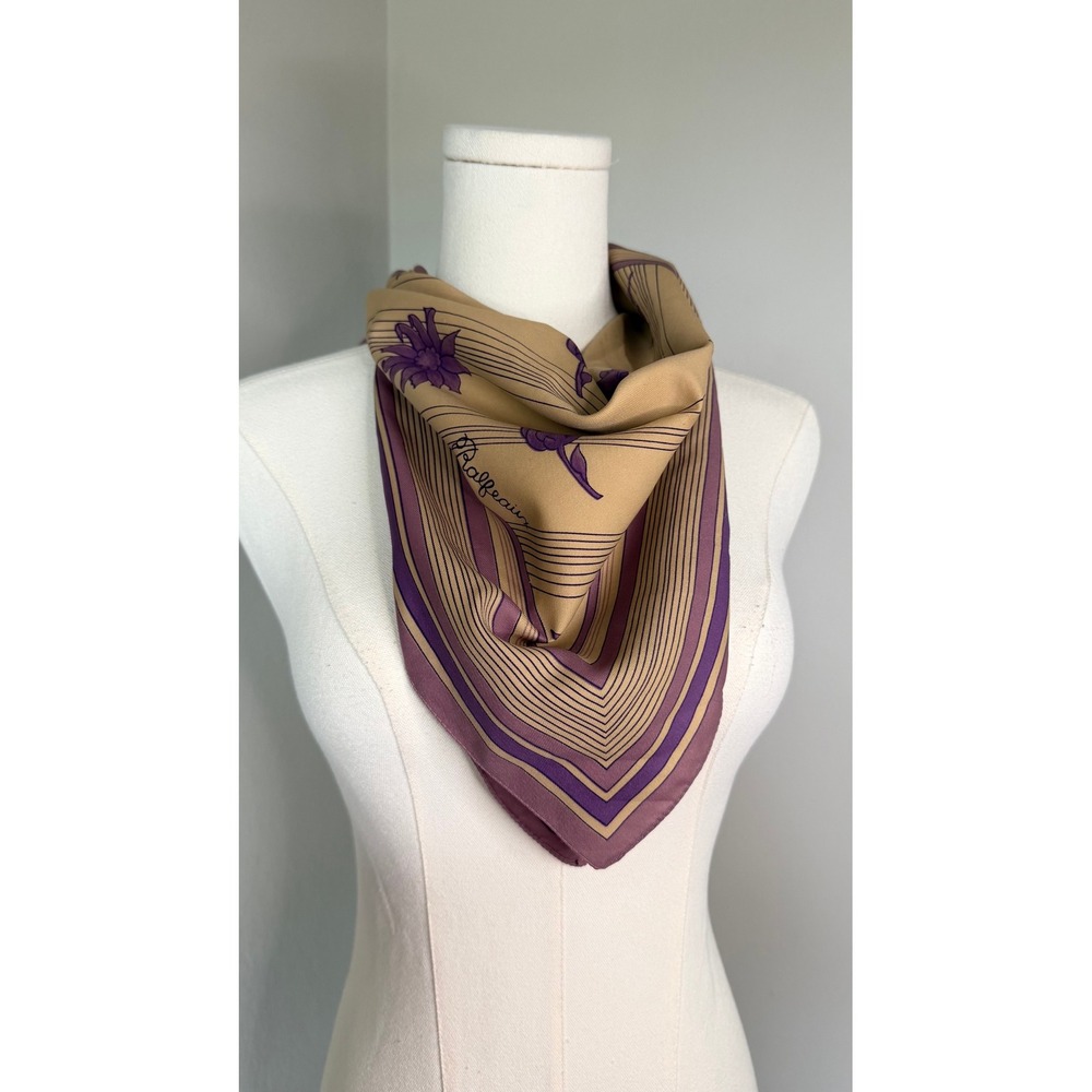 Vintage Ralfeaux Floral Square Scarf Mauve Purple Gold Satin 26" Retro